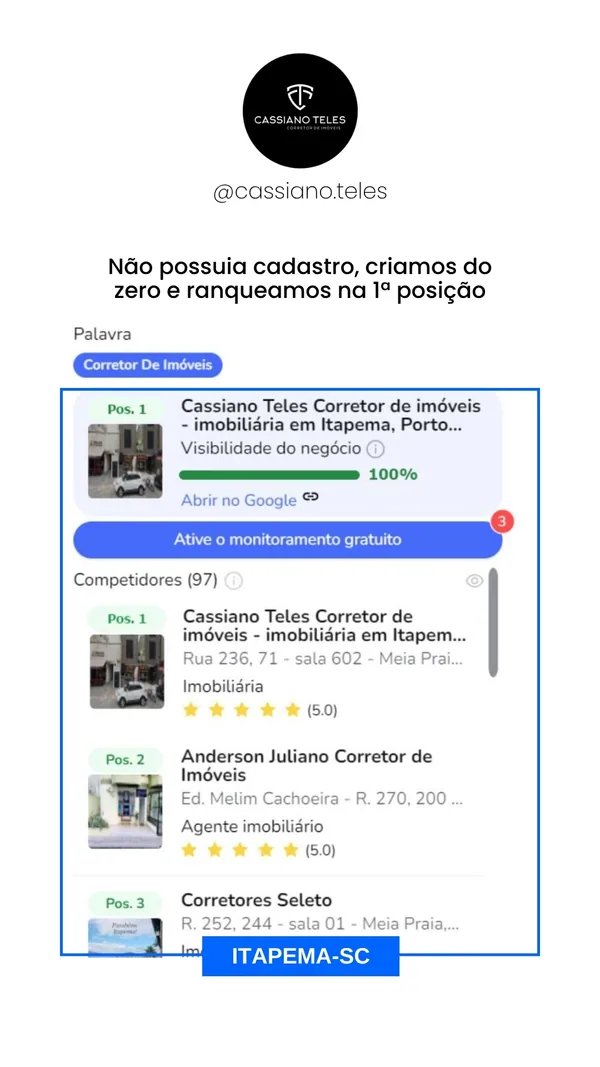Resultado real no Google: Cassiano Teles em primeira posição em Itapema, SC