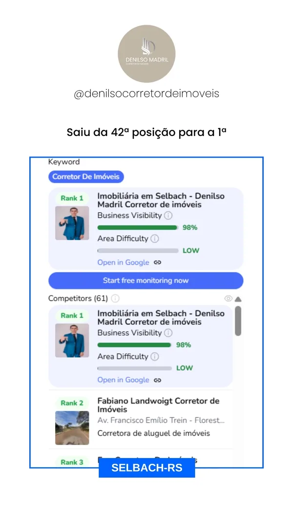 Resultado real no Google: Denilso Madril da posição 42 para a primeira em Selbach, RS
